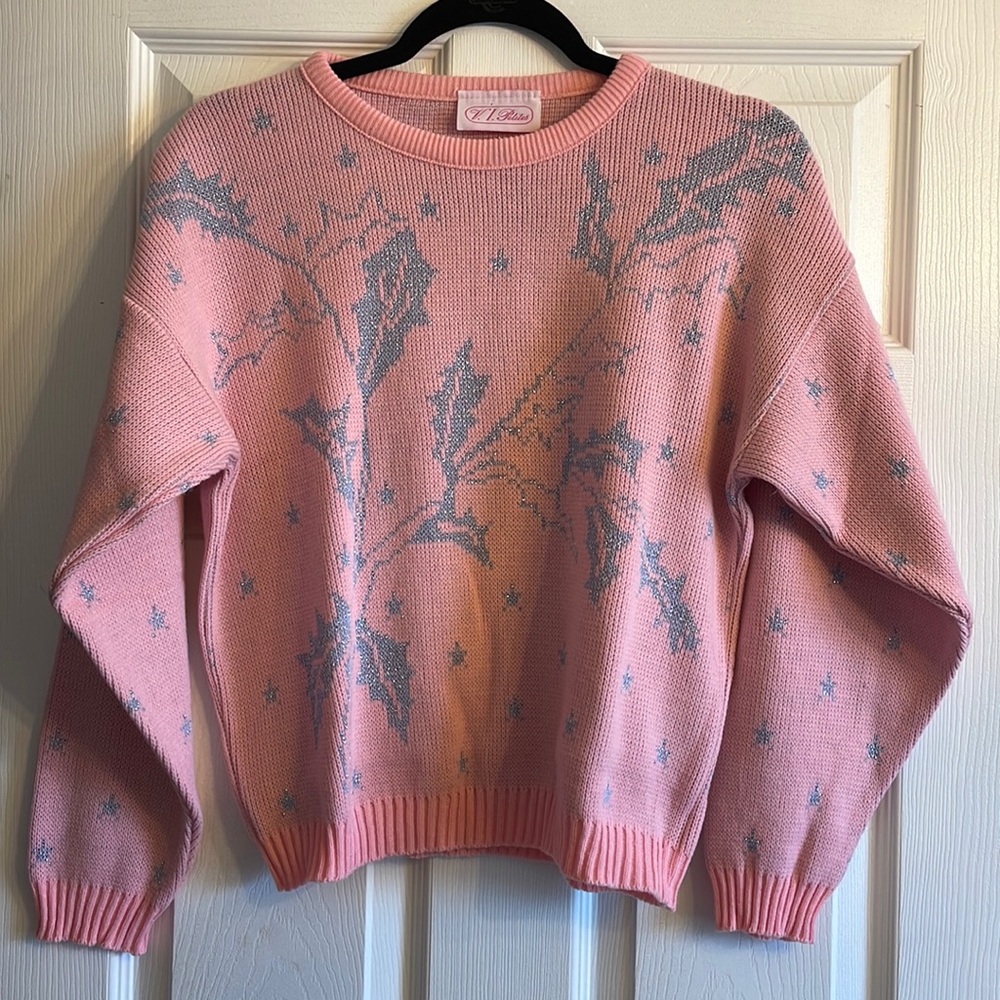 Vintage Pink and Silver Holiday Botanical Motif Crewneck